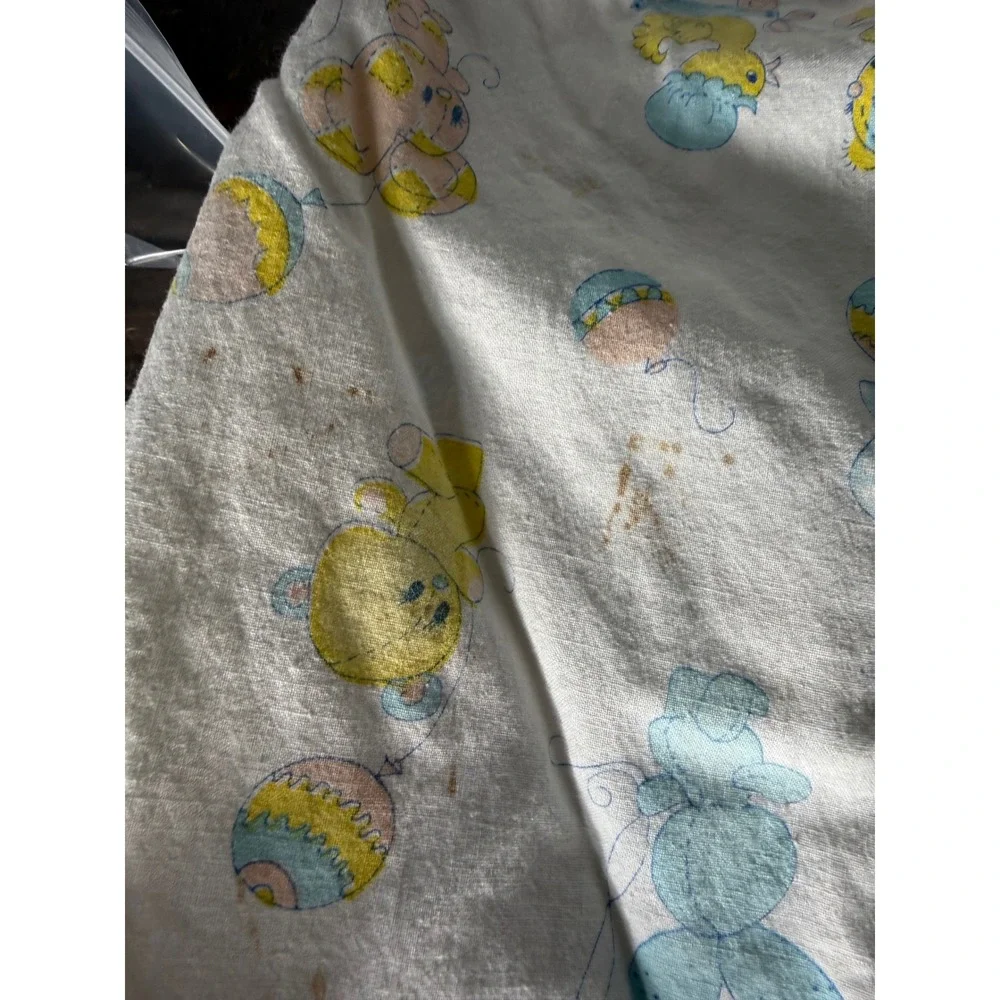 Vintage Nursery Crib Sheet Set 3 pc Pastel Animals Balloons Bears Bunnies White